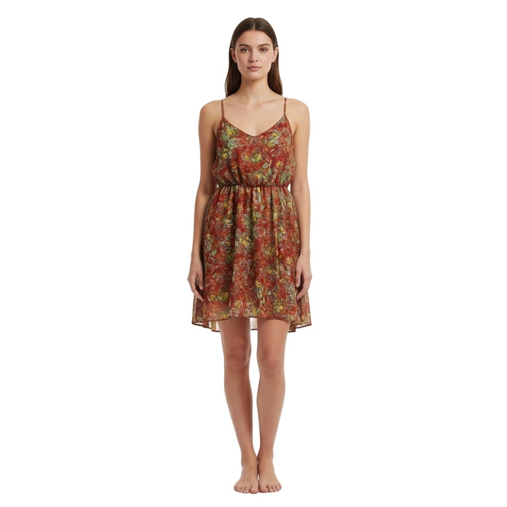 LUSH Mini Dress XS Red Floral Spaghetti Strap Hi-Lo Hem Boho Chic Summer Vibrant